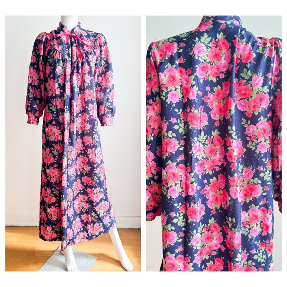 Vintage Hamilton Blue Pink Florals Long Sleeve Nightgown M